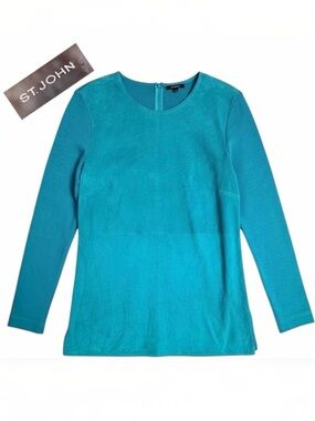 St. John Teal Suede Front Wool Blend‎ Knit Top Size 6 Designer Luxury